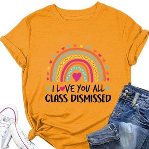 I Love You All Class Dismissed Vrouwen Shirt Regenboog Liefde Hart Print Zomer Tees Korte Mouw Leraren Dag Gift Tops, Geel, XL