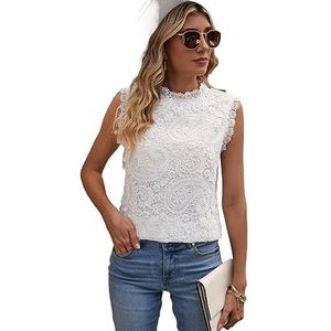 dames topjes Elegante mouwloze blouse van guipurekant met opstaande kraag (Color : Wei�, Size : XL)