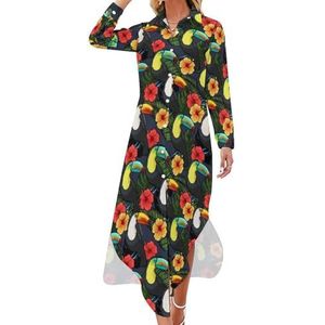 Toucan And Hibiscus maxi-jurk voor dames, lange mouwen, knoopsluiting, casual feestjurk, lange jurk, 2XL