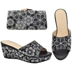 Vrouwen Schoenen Bijpassende Tas Set Met Shinning Crystal Wiggen Schoenen Voor Vrouwen Italiaanse Vrouwen Party Pumps, Zwarte schoenen en tas, 42.5 EU