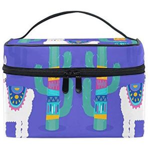 Blauwe alpacactus make-up tas organizer cosmeticakoffer cosmeticakas toilettas grote tas voor meisjes vrouwen