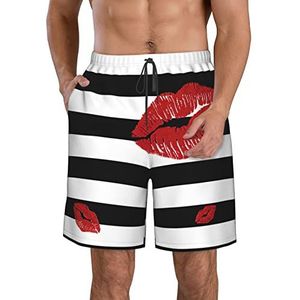 PHTZEZFC Rode mond bedrukt in zwart-wit strepen print heren strandshorts zomer shorts met sneldrogende technologie, lichtgewicht en casual, Wit, S