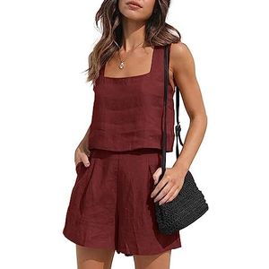 Women Two Piece Outfits Lounge Linen, Tank Top and Shorts, Summer Beach Vacation Clothes, Summer Loose Shorts with Pockets, Boho Streetwear, Linen Matching Sets,Wine red,S