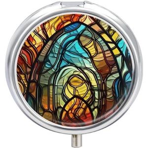 Glas in lood Kunst Ronde Pillendoos 3 Compartiment Geneeskunde Pil Organizer met Spiegel Reizen Kleine Pil Case Leuke Vitamine Organizer Draagbare Dagelijkse Pil Container voor Pocket Purse