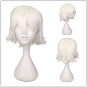 Mannelijke pruik zwart wit paars blond rood kort haar cosplay anime kostuum halloween pruiken synthetisch haar met pony voor mannen-wit-8 inch