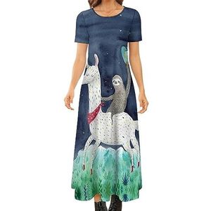 Luiaard paardrijden lama dames zomer casual korte mouw maxi-jurk ronde hals bedrukte lange jurken XL