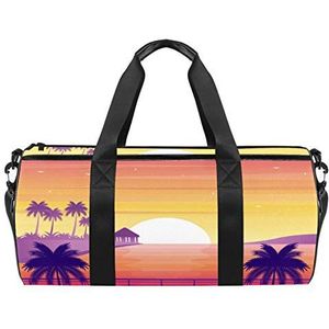 Reizen strandtassen, grote sport gym overnachting plunjezak zonsondergang palm paarse print schoudertas met droge natte zak