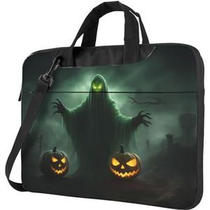 Halloween Uil Ghost Pumpkin 1 Stijlvolle en Lichtgewicht Laptop Messenger Bag, Handtas, Aktetas, Perfect Voor Zakelijke Reizen, Groene Ghost Horror Halloween Pompoen, 14 inch