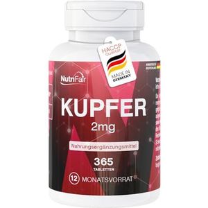 Koper 2mg - 365 tabletten - Koperbisglycinaat - Hoge dosering - 100% veganistisch - Duitse productie & laboratoriumtests - NutriFair | Premium & Fair