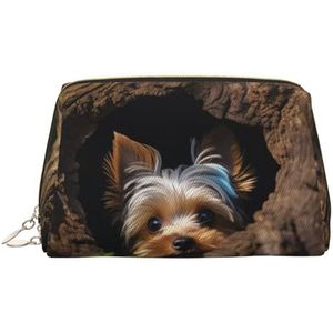 Een kleine Yorkshire terriër make-up tas voor vrouwen cosmetische tassen lederen reizen make-up tas organisator waterdichte make-up zakje open platte toilettas draagbare opbergtas voor reizen, Goud