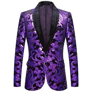 PYJTRL Herenmode fluweel pailletten bloemenpatroon blazer, paars, XS