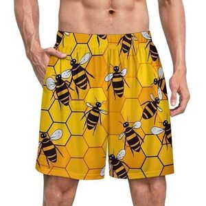 Honingbij op honingraat grappige pyjama shorts voor mannen pyjamabroek heren nachtkleding met zakken zacht