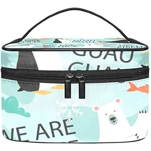 Draagbare Make-up Tas Reizen Cosmetische Tassen Voor Vrouwen Meisjes Rits Pouch Case Organizer Doodle Ijsbeer Dieren Wolf Pinguïn Vis Woorden, Meerkleurig, 22.5x15x13.8cm/8.9x5.9x5.4in