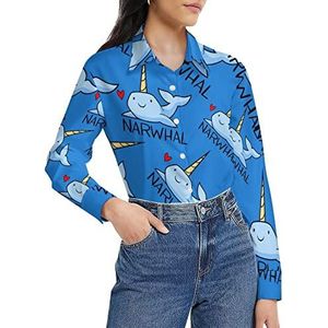 Blauw Narwal damesshirt met lange mouwen en knoopsluiting casual werkshirts tops XL