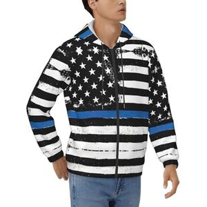 EdWal Retro Blauwe Dunne Lijn Usa Vlag Print Casual Hoodies Voor Mannen,Volledige Zip Sweatshirt Met Zakken,Lange Mouw Trekkoord Hoodies, Zwart, 3XL