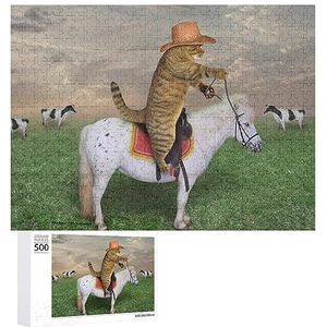 Grappige Kat Rijden Paard Grappige Jigsaw Puzzel Houten Foto Puzzel Gepersonaliseerde Aangepaste Gift Voor Mannen Vrouwen 300/500/1000 Stuk