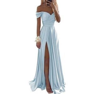 Dames off-shoulder bruidsmeisjesjurken voor bruiloft zijsplit lange ruches satijnen formele jurken met zakken, Lichtblauw, 44