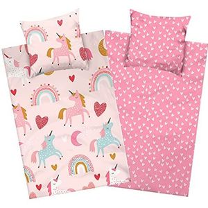 Aminata kids Flanellen beddengoed 135 x 200 cm, eenhoorn-motief voor meisjes, flanel, katoen, ritssluiting, omkeerbare dekbedovertrekset eenhoorn, warm, zacht en behaaglijk, roze