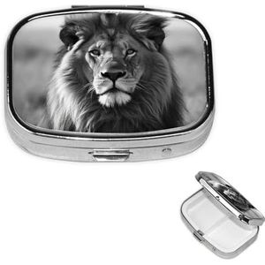 Pillendoosje met spiegel, retro pillendoosje met 2 compartimenten, Afrikaanse leeuw, zwart-wit, kleine pillenorganizer voor portemonnee of zak, decoratieve metalen medicijnen, vitamine-organizer,