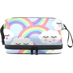 Dubbellaags Cosmetische Tas Wolken Regenbogen Draagbare Make-up Tas Reizen Organizer Pouch Voor Vrouwen Meisjes Toiletries Tassen, Meerkleurig, 27x15x14 cm/10.6x5.9x5.5 in, Make-up zakje