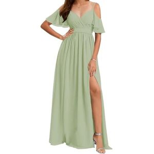 AHERKLL Koude schouder bruidsmeisjes jurken voor bruiloft spaghetti riem chiffon formele avond feest maxi jurk met split HAH060, Stoffige Salie, 32