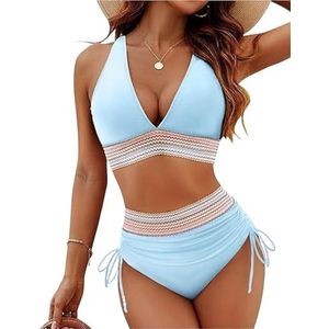 Bikinisets met hoge taille for dames, tweedelig badpak met trekkoord, badpakken met buikcorrectie, badpakken for op het strand(Light blue,4XL)