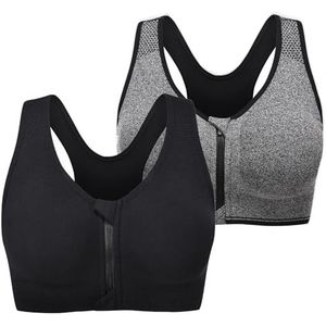 Graviar Sport BH Voorkant Zip Post Chirurgie BH Verwijderbare Pads Vrouwen Running Yoga Tank Top Workout Fitness, Zwart/Grijs, L