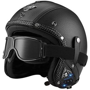 PU Lederen Helmen Bluetooth Geïntegreerde Motorfiets Chopper Fietshelm Open Gezicht Vintage Motorhelm Goggle Masker Integraalhelm Motorbike, ECE Goedgekeurd N,M