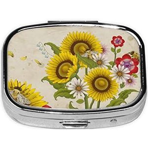 Bijen Zonnebloemen Daisy Rose Bloemen Vierkante Pil Box, Pil Dispenser Box Kabeljauw Lever Olie Doos Vitamine Pil Box