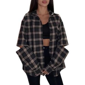 LoprNsdgt Womens Fall Button Down Geruite Shirts Holle Lange Mouwen Losse Pasvorm Boyfriend Blouses,Grijs,L