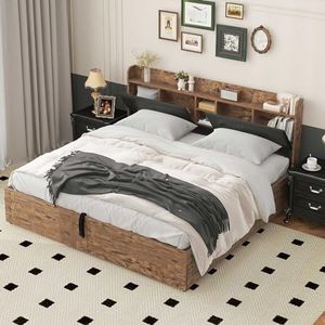 Metalen bed, 180 x 200 cm, hydraulisch bed, jeugdbedden, tweepersoonsbed, met hoofdeinde en metalen lattenbodem, zonder matras, voor volwassenen, kinderen, jongeren, houtkleur + zwart
