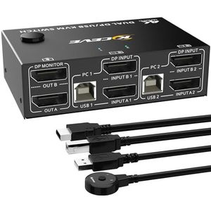 KVM Switch 2 PC 2 monitoren 8K @30Hz, KVM Switch DisplayPort 4K @144Hz voor 2 pc-onderdelen 2 monitoren en 4 USB-apparaten. Ondersteuning Extended & Copy Mode, met voeding + USB-kabel en desktop