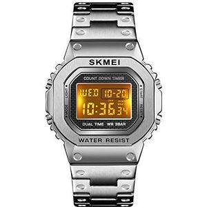 PASOY Mannen Digitale Multifunctionele Horloges Rvs Vierkante Case Dual Time Alarm Stopwatch Countdown Backlight Waterdicht Horloge, Zilver, Medium, armband