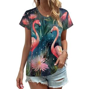 Pinkflamingos aquarel patroon dames V-hals T-shirts leuke grafische korte mouw casual tee tops 5XL