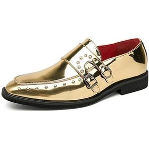 Formele schoenen for heren Instappers Ronde neus Effen kleur Veganistisch leer Dubbele monniksriem Antislip Antislip Lage bovenkant Rubberen zool Buiten(Golden,43 EU)