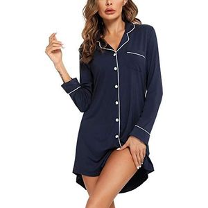 Samring Pyjama Nachtjapon voor Vrouwen Korte/Lange Mouw Button Down Nachtkleding Top Vriendje Slaap Shirts Nachtjapon S-XXL, Lange mouw - marineblauw, L