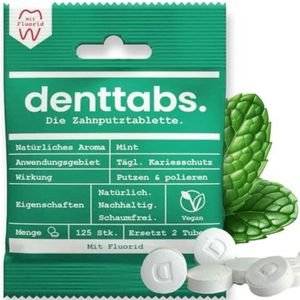 Denttabs Tandenborsteltabletten het volwaardige alternatief voor tandpasta, 125 stuks voor 2 maanden. Mint met fluoride - VEGAN plasticvrij zonder conserveringsmiddelen. In originele denttabs