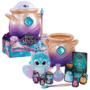 Famosa My Magic Mixies pluche dier, kleur blauw, interactief toverspeelgoed met waterketel, lichteffecten en geluiden, pop met vele accessoires zoals toverstaf (MGX01000)