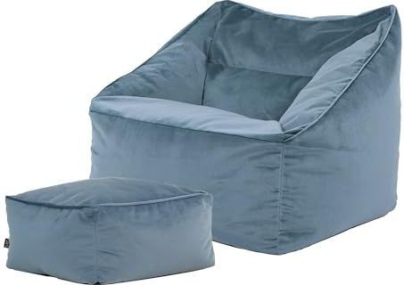 Icon - Natalia - Zitzakfauteuil - Blauw - Fluweel - Inclusief Poef