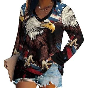 Retro Amerikaanse Vlag Bald Eagle Vrouwen Casual Lange Mouw T-shirts V-hals Gedrukt Grafische Blouses Tee Tops 4XL