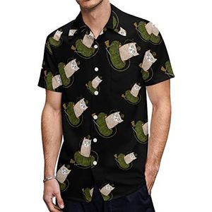 Kat breien Hawaiiaanse shirts voor heren, casual overhemd met korte mouwen, knoopsluiting, vakantie, strandshirts, L