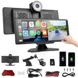 Apple Carplay Display met camera, 4K, 10,26 inch, draadloos Carplay-display, Android met HD IPS touchscreen, 1080p achteruitrijcamera, bluetooth, FM/AUX, Siri/Google