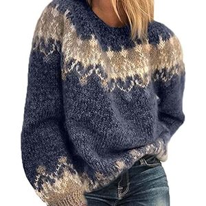 RWXXDSN Damestrui Herfst/Winter Ronde Hals Casual Losse Mohair Grof Gebreide Jacquard, Blauw, XL