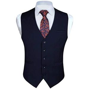 Enlision Gilet voor heren, formele effen giletjes voor bruiloft, effen kleur smoking, smokingjas, zakelijk pak, vest met zakken XS-4XL, Donkerblauw, L