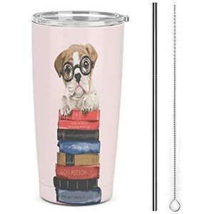 Leuke Puppy in Glazen met Boeken Reizen Koffie Mok Rvs Tumbler Met Deksel En Stro Geïsoleerde Cup Voor Auto Thuis 17oz