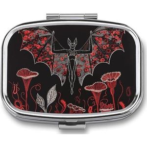 Rode en zwarte gloed pillendoos 2 compartimenten, draagbare pillenetui met spiegel voor zakportemonnee, reizen, mini-metalen medicijnorganizer voor vitamines en visolie