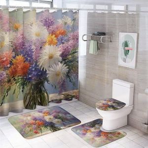 DEBAOKA Mooie bloemen 4 stuks douchegordijn sets kleurrijke bloemen vaas badkamer decor set badkamer accessoire sets met tapijten en toilet deksel cover