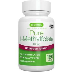 Pure L-methylfolaat 400 mcg, folaat, 180 kleine tabletten, actieve vorm van foliumzuur/vitamine B9, folaatsupplementen geschikt voor zwangerschap, één per dag, 180 porties, door Igennus