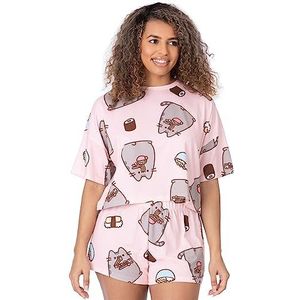 Pusheen The Cat Womens Pyjama | Volwassenen Dames Cropped T-Shirt Met Shorts Bottoms Pjs | Pastel Roze Cartoon Kat Die Sushi Eet | Karakter Merchandise