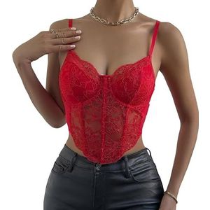 Haibang Damestop van kant, tanktop, zomer, sexy, slim fit, korset met dunne bandjes, mouwloos, crop top, V-hals, verstelbare tanktop, elegante onderjas, nauwsluitend, bustier, clubwear, Rood, L